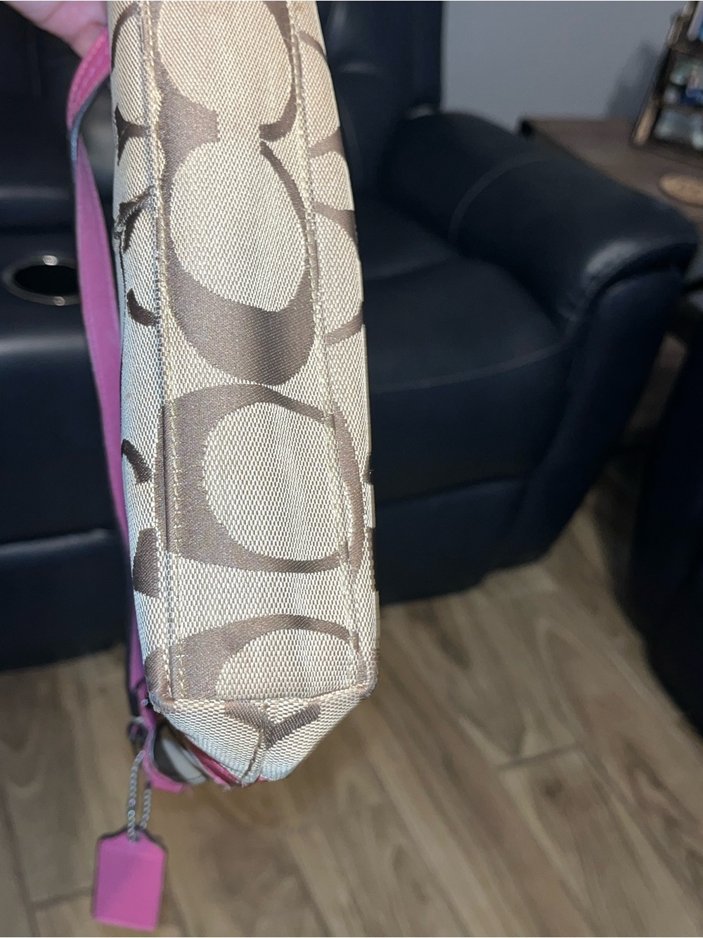 Coach Beige Signature Canvas Shoulder Bag with Pink Leather Trim - Picture 10 of 16